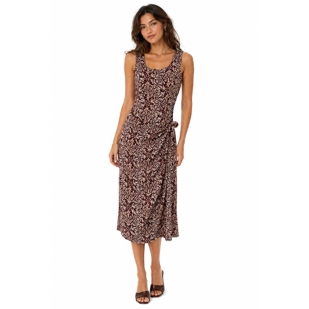 CDC Petites Womens 90s Y2K Sleeveless Burgundy Print Faux Wrap Midi Dress sz 8 P